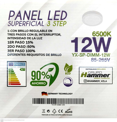 PANEL SUPERFICIAL CIRCULAR-12W-65K-85/265 VOLTS -90 L/W-IRC-80% - DIMERIZABLE 15% -50%-100% CON EL INTERRUP