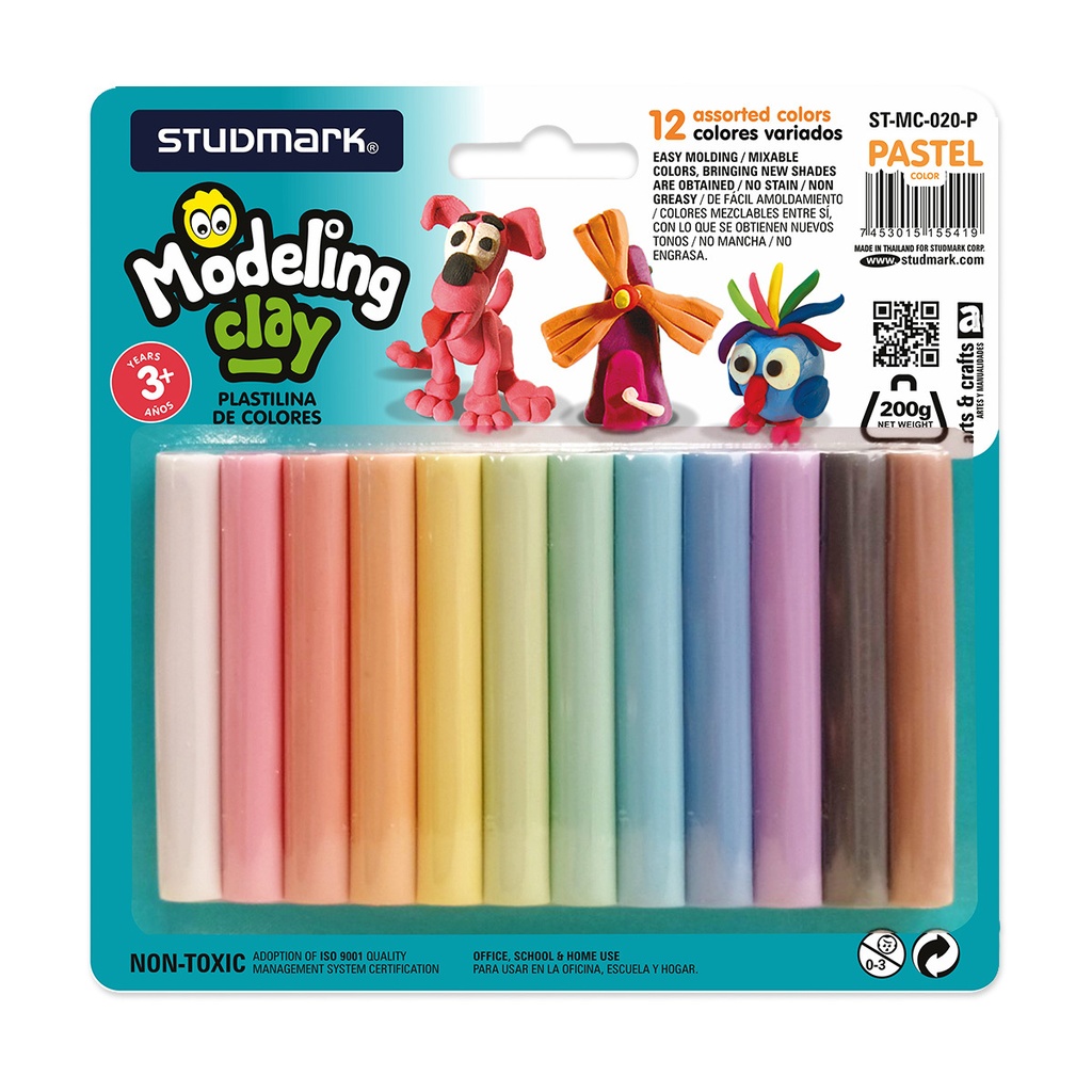 PLASTILINA 12 COLORES PASTELES 200 GRS STUDMARK