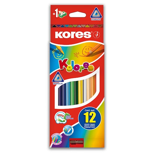 [93312.56] COLORES TRIANGULARES KORES CAJA X 12 UNID + SACAPUNTAS