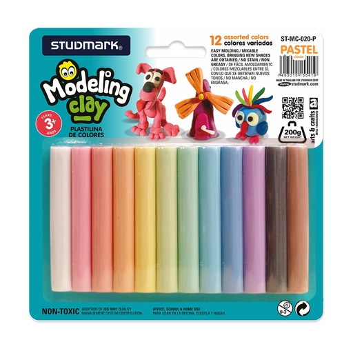 [ST-MC-020-P] PLASTILINA 12 COLORES PASTELES 200 GRS STUDMARK